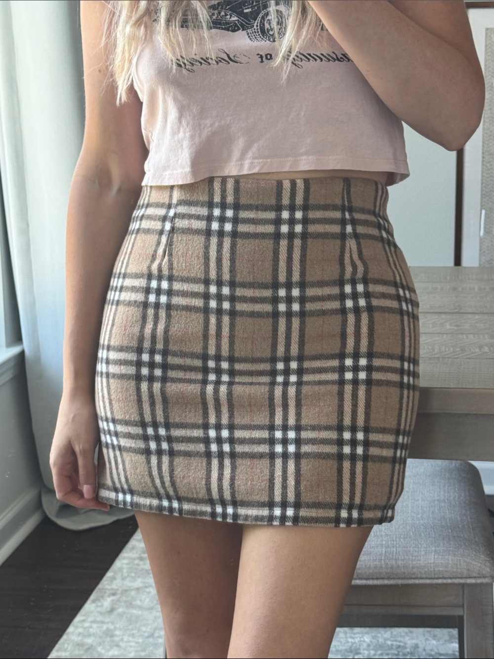 Designer Inspired Classic Plaid Beige Mini Skirt